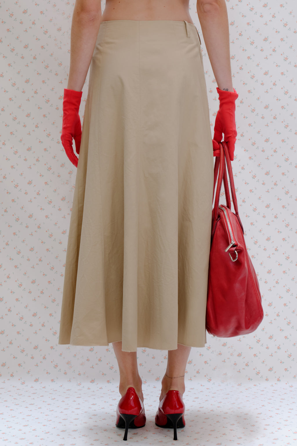 Beige Flared Midi Skirt