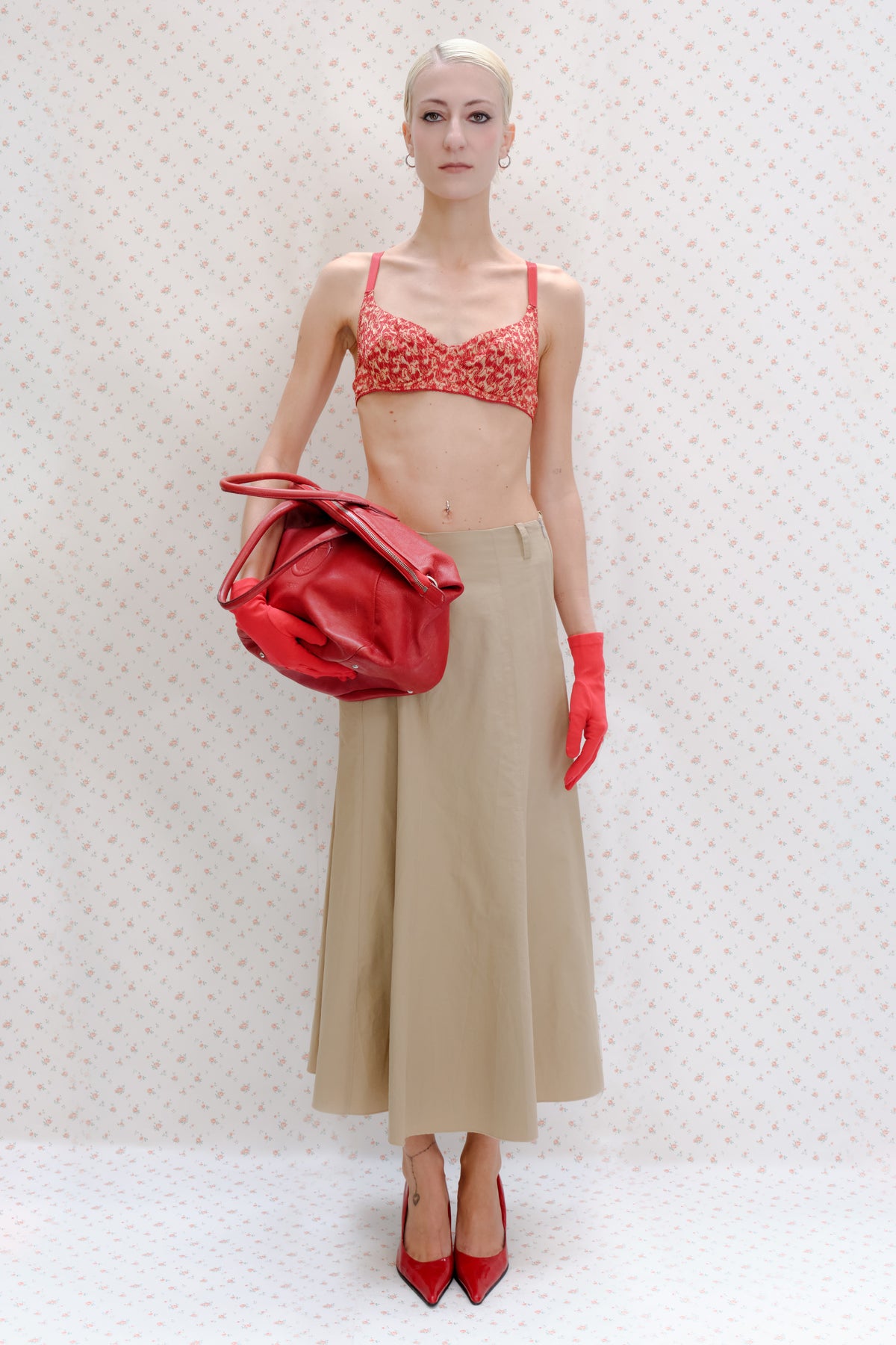 Beige Flared Midi Skirt
