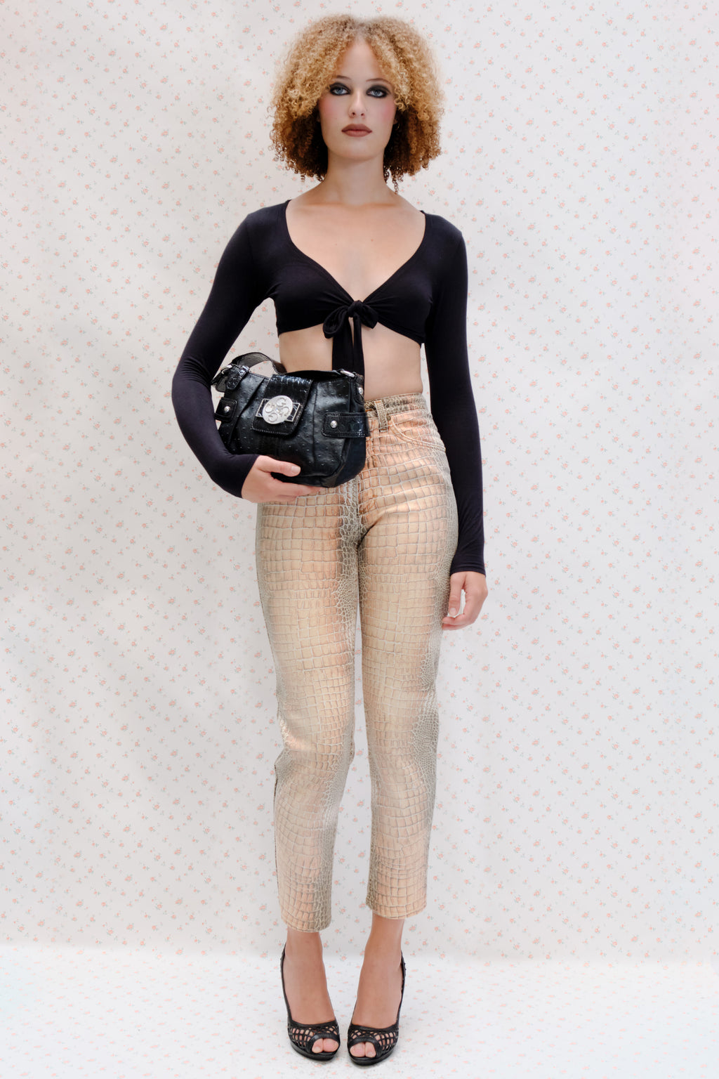 Black Tie-Front Long-Sleeve Crop Top