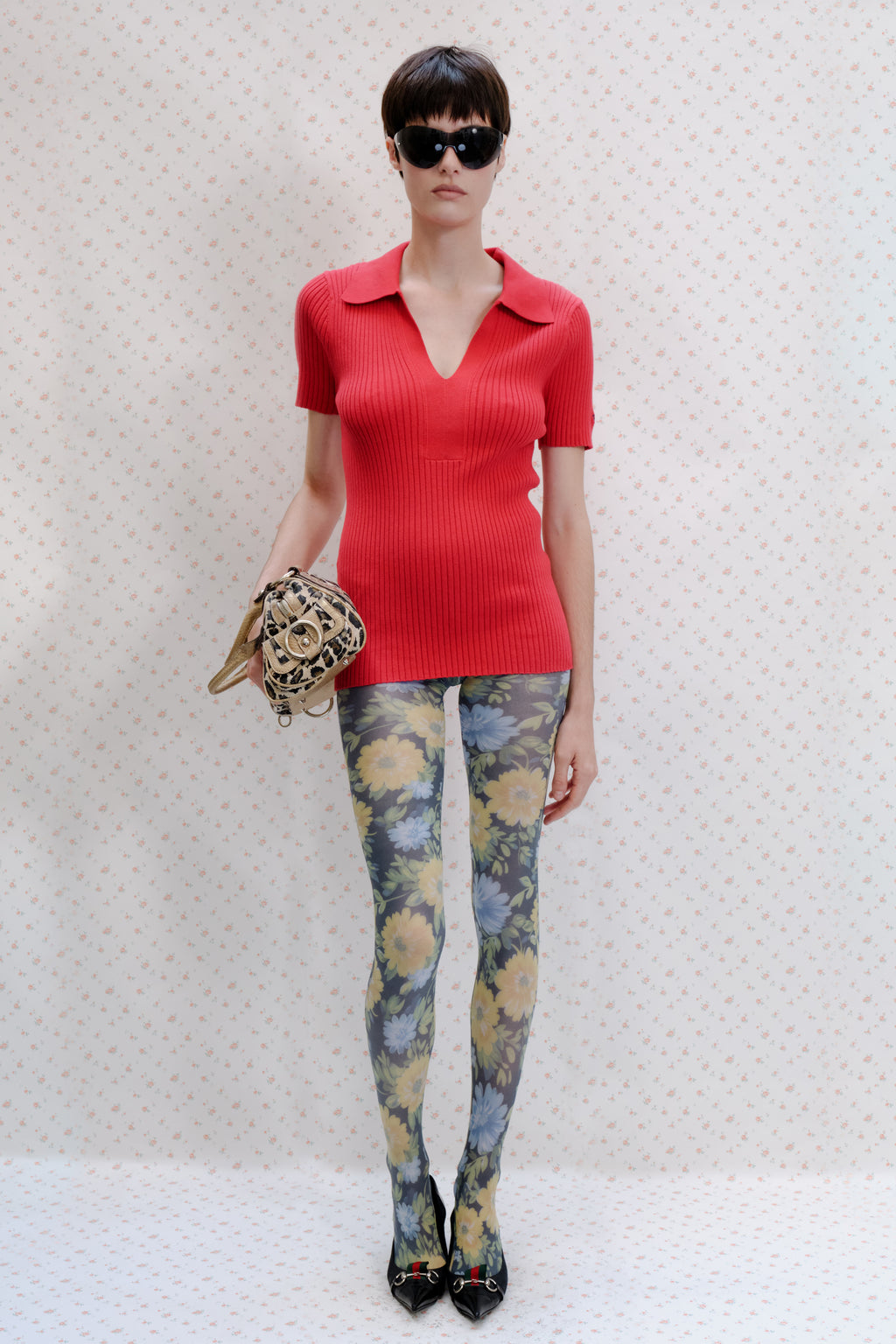 Red Ribbed Polo Top