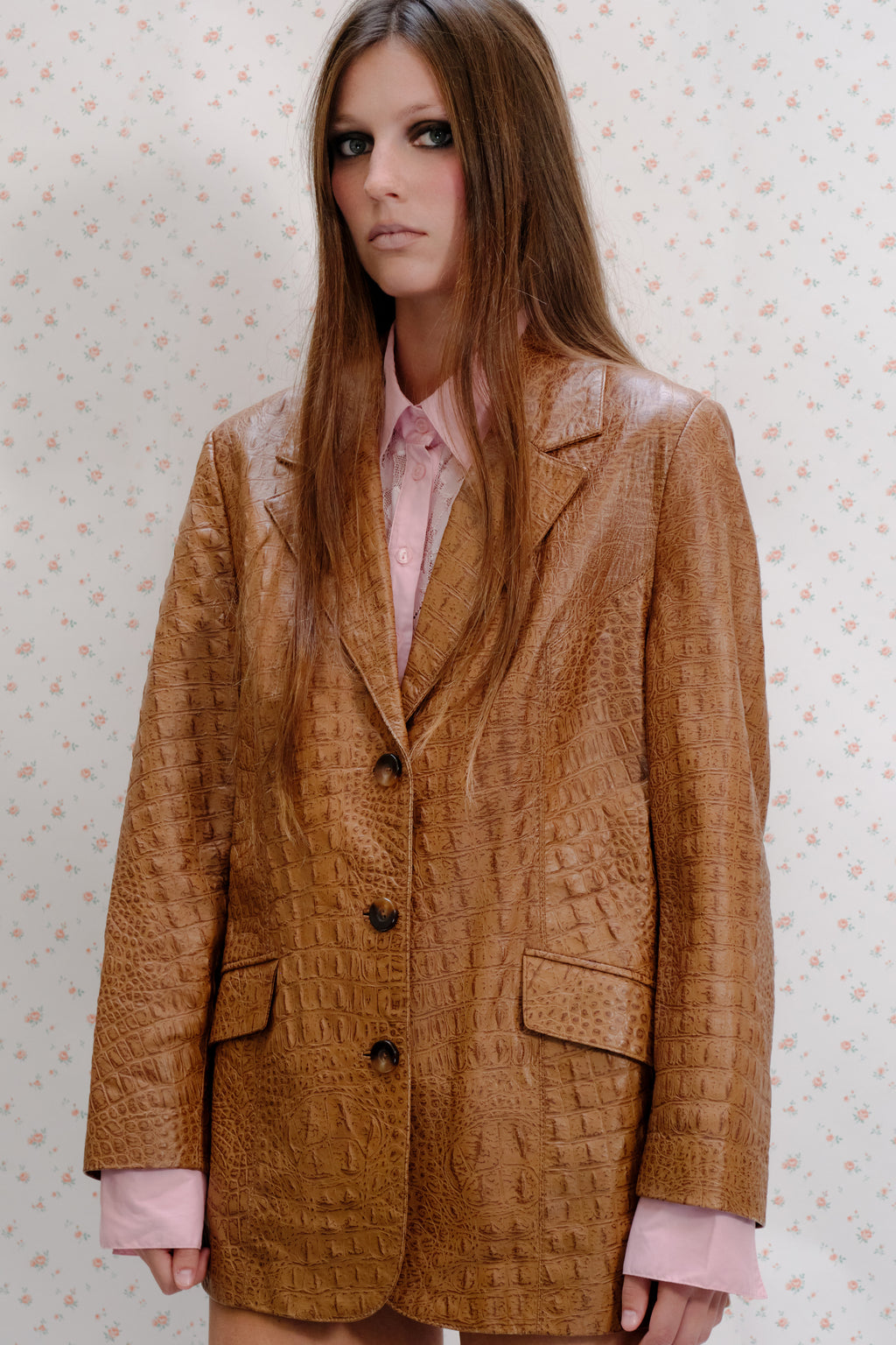 BELPEAUX Brown Embossed Leather Blazer