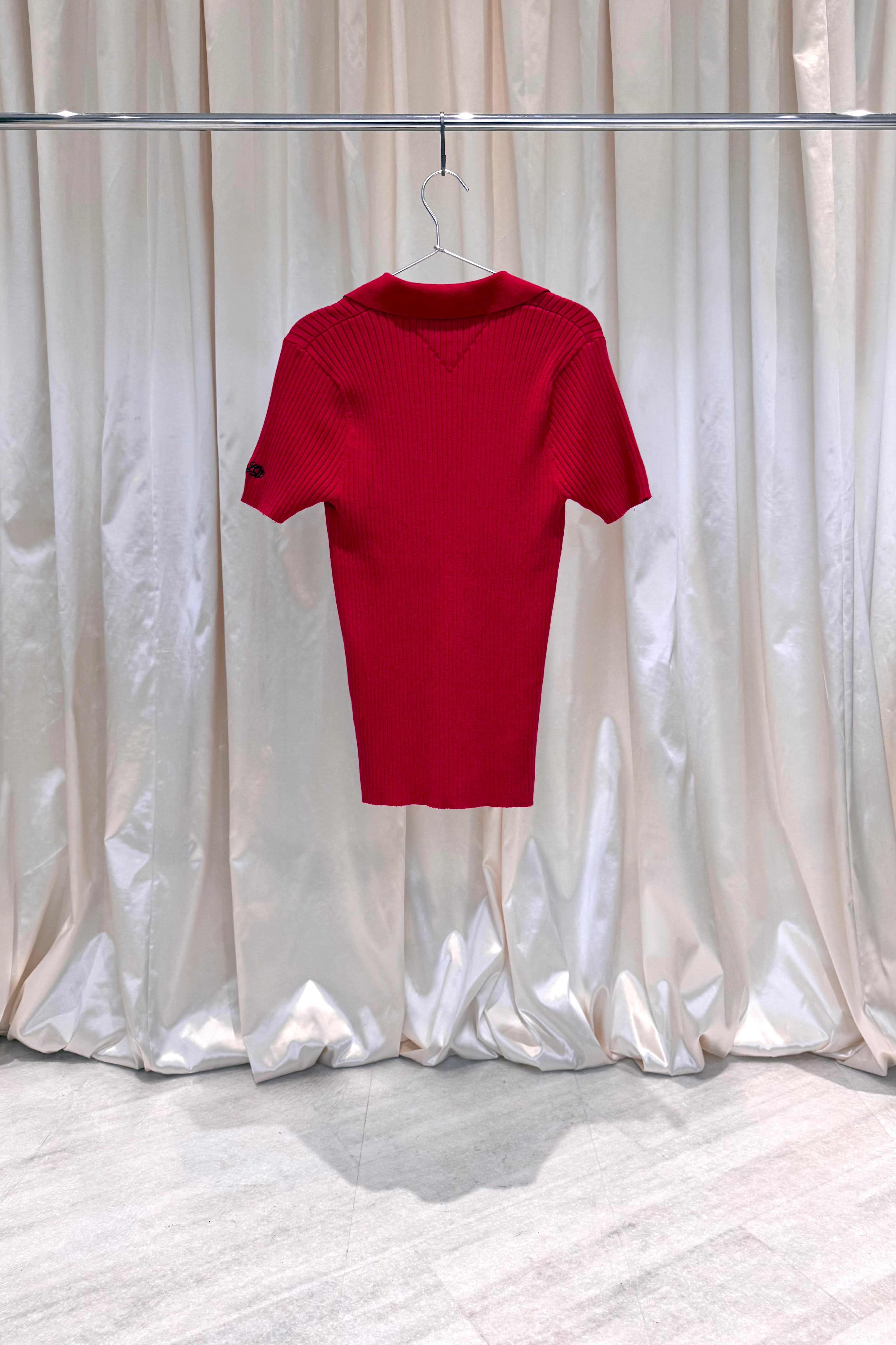 Red Ribbed Polo Top